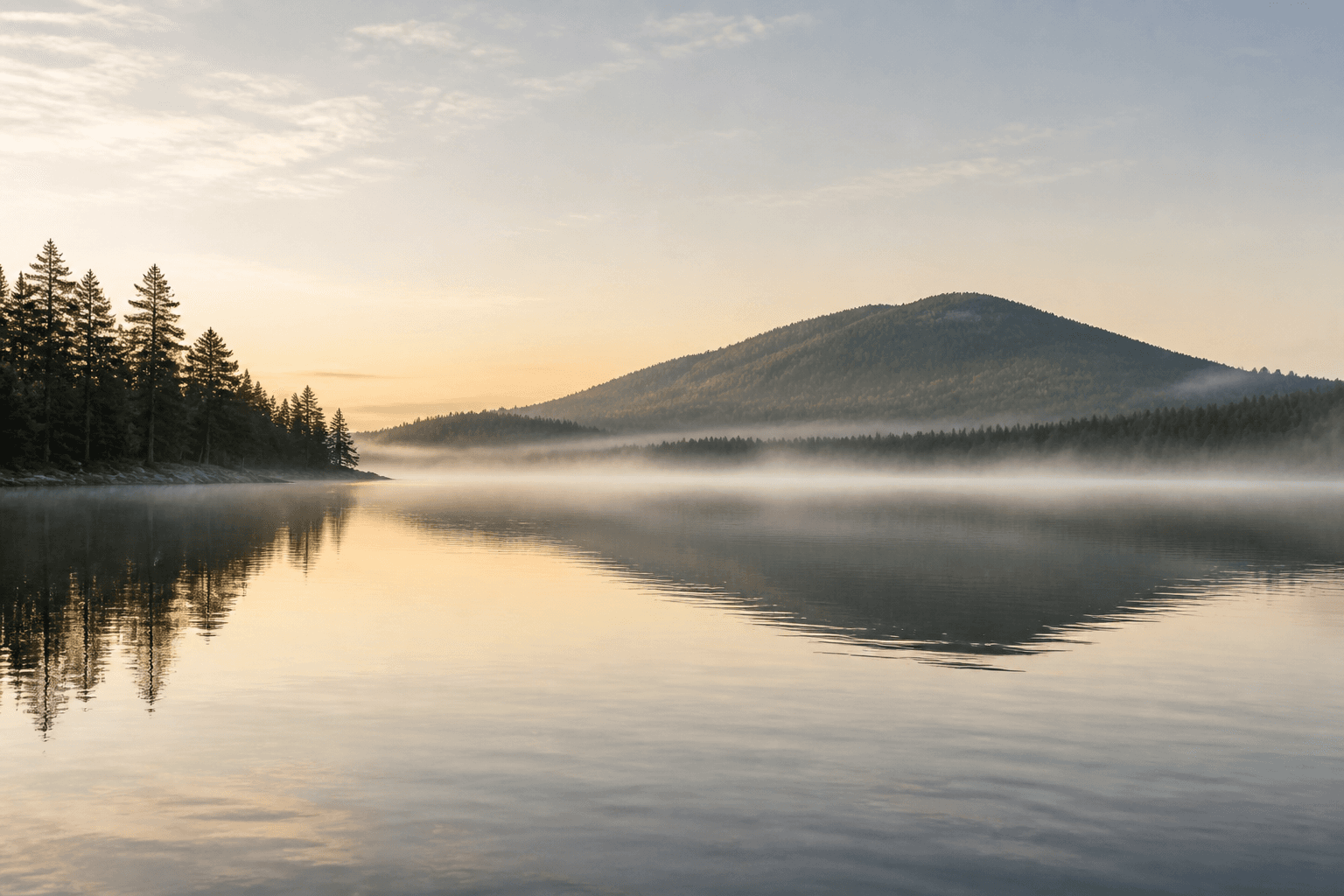 Still water reflecting a forested mountain in quiet morning light